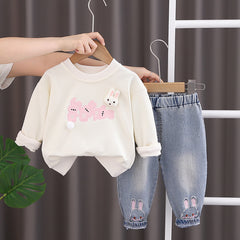 SSN040924-49 طقم بناتي ربيعي خريفي قطعتين ( بلوزة قطن دافي+ بنطلون جينز )