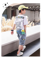 FU14042024-51 طقم ولادي صيفي جينز قطعتين ( بلوزة + بنطلون)