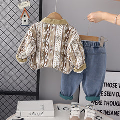 RM0608-22 طقم ولادي 3 قطع ( بلوزة + جكيت + بنطلون جينز )