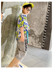 FU14042024-44 طقم ولادي صيفي ( بلوزة قطنية + بنطلون جينز + حزام وسط)