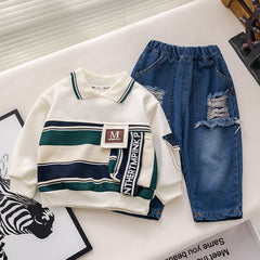 SSX220824-109 طقم ولادي قطعتين ( بلوزة + بنطلون جينز)