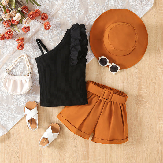 EU120424-28 طقم بناتي 3 قطع ( بلوزة + شورت + طاقية)