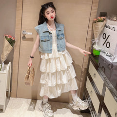 RM150424-25 فستان صيفي طبقات + فست جينز ناعم