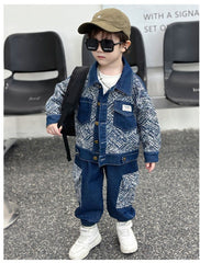 RM1227-36 طقم جينز ناعم ومريح ، قطعتين عالنمط بالكوري برسومات عصرية ( جكيت جينز + بنطلون جينز)