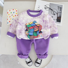 SSN040924-41 طقم ولادي بنايت خريفي ربيعي قطن دافي قطعتين ( بلوزة + بنطلون)