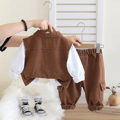 SSX220824-161 طقم ولادي 3 قطع ( بلوزة + فست جينز + بنطلون جينز)