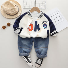 RM0608-15 طقم ولادي 3 قطع ( بلوزة + جكيت + بنطلون جينز )