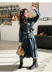 WZH191124-7 طقم جينز قطعتين ( جكيت + تنورة + حزام خصر)