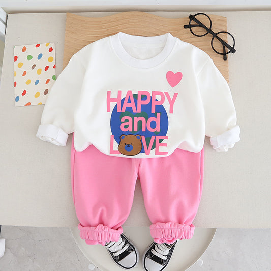 SSN040924-17 طقم بناتي ربيعي خريفي قطن دافي قطعتين ( بلوزة + بنطلون)