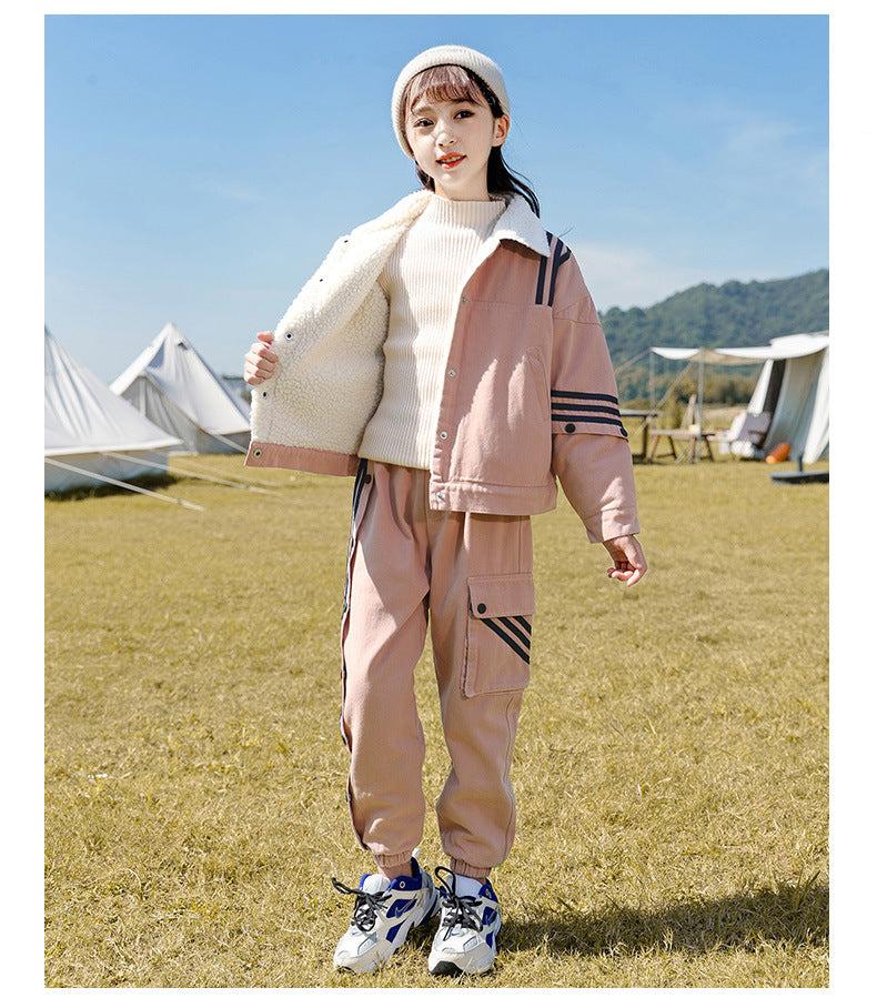 HBC040924-2 طقم بناتي شتوي مبطن فرو بالكامل قطعتين ( جكيت + بنطلون )