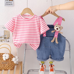 SSN040924-30 طقم افرهول جينز بناتي شورت قطعتين ( بلوزة قطن + افرهول جينز )