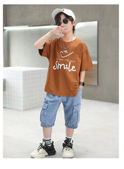 FU14042024-14 طقم ولادي صيفي قطعتين ( بلوزة + بنطلون جينز)