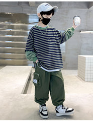 RM1227-43 طقم ولادي خامة تقيلة بجي قطعتين ( بلوزة قطنية + بنطلون كتان)