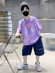 FU14042024-66 طقم ولادي صيفي قعطتين ( بلوز + بنطلون جينز)