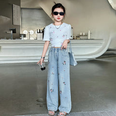 RM150424-35 طقم بناتي صيفي قطعتين ( بلوزة + بنطلون جينز )