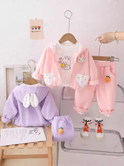 SSN040924-58 طقم بناتي قطن تقيل خريفي ربيعي 3 قطع ( جكيت + بلوزة+ بنطلون)