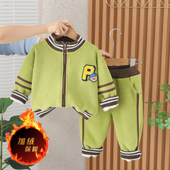 SSX220824-40 طقم ولادي شتوي تقيل مبطن فرو بالكامل قطعتين ( جكيت+ بنطلون)