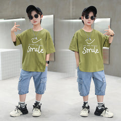 FU14042024-14 طقم ولادي صيفي قطعتين ( بلوزة + بنطلون جينز)