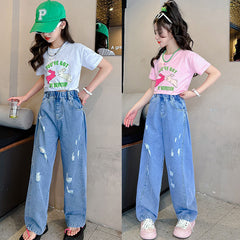 FU14042024-22 طقم بناتي صيفي قطعتين ( بلوزة قطنية + بنطلون جينز)