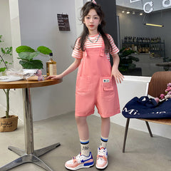 RM150424-15 طقم بناتي صيفي قطعتين ( بلوزة + افرهول)