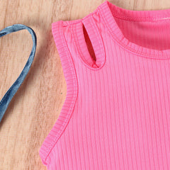 EU120424-36 طقم بناتي صيفي 3 قطع ( بلوزة + بنطلون جينز + حقيبة)