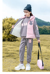 HBC040924-9 طقم بناتي شتوي تقيل مبطن فرو بالكامل 3 قطع ( بلوزة + فست + بنطلون)