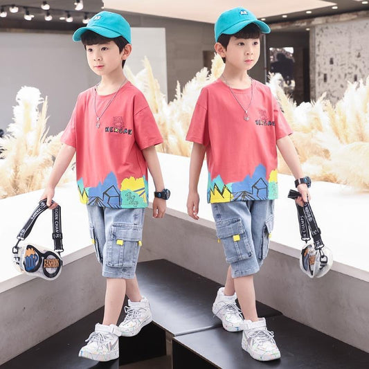 FU14042024-51 طقم ولادي صيفي جينز قطعتين ( بلوزة + بنطلون)