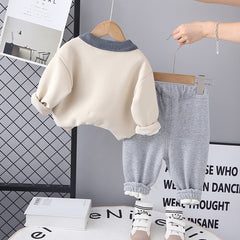 SSX220824-19 طقم ولادي شتوي تقيل مبطن فرو بالكامل قطعتين ( بلوزة + بنطلون)