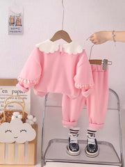 SSN040924-21 طقم بناتي قطن تقيل خريفي ربيعي قطعتين ( بلوزة + بنطلون)