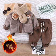 SSX220824-37 طقم ولادي شتوي مبطن فرو ( جكيت + بنطلون + لفحة)