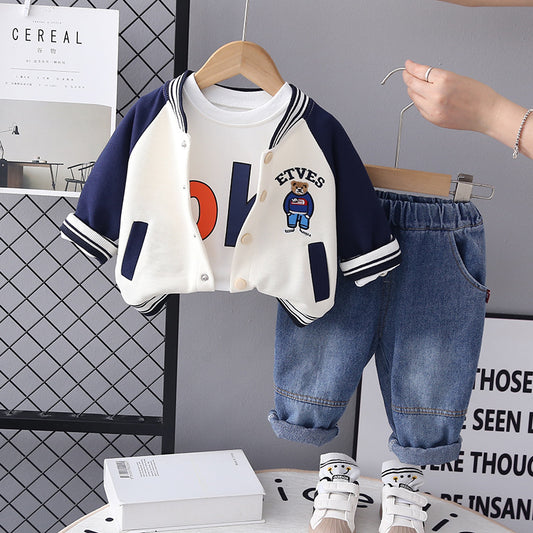 RM0608-15 طقم ولادي 3 قطع ( بلوزة + جكيت + بنطلون جينز )