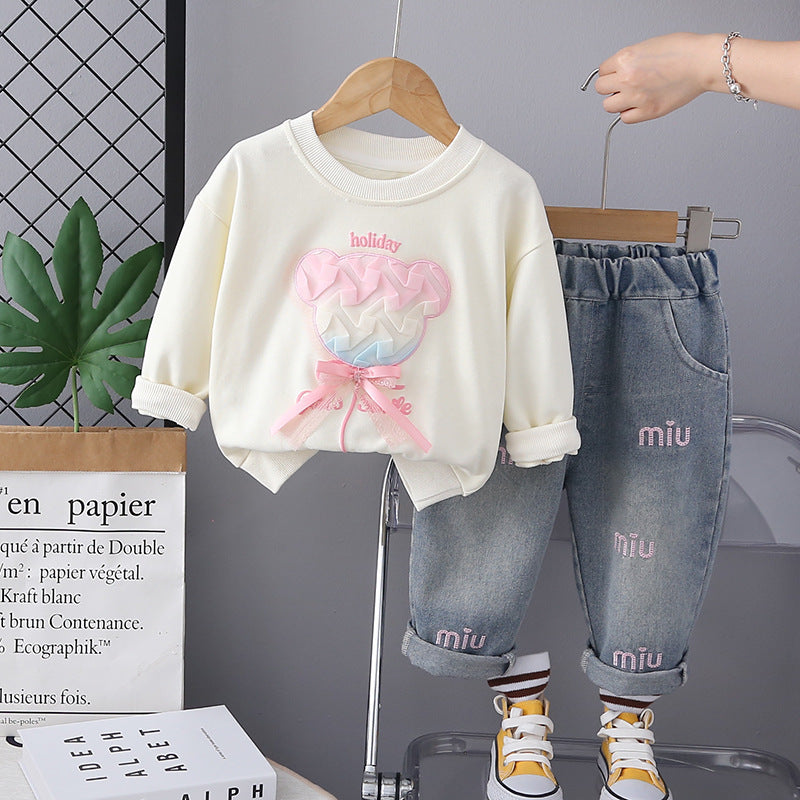 SSN040924-40 طقم بناتي جينز قطعتين ربيعي خريفي ( بلوزة + بنطلون جينز )