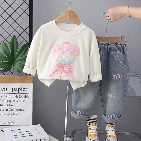 SSN040924-40 طقم بناتي جينز قطعتين ربيعي خريفي ( بلوزة + بنطلون جينز )