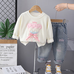 SSN040924-40 طقم بناتي جينز قطعتين ربيعي خريفي ( بلوزة + بنطلون جينز )