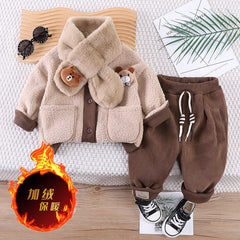 SSX220824-37 طقم ولادي شتوي مبطن فرو ( جكيت + بنطلون + لفحة)