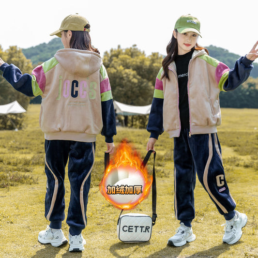 HBC040924-11 طقم بناتي شتوي مخمل مبطن فرو بالكامل بجي قطعتين ( جكيت + بنطلون)