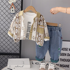 RM0608-22 طقم ولادي 3 قطع ( بلوزة + جكيت + بنطلون جينز )