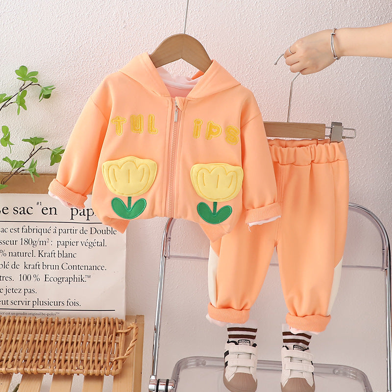 SSN040924-53 طقم بناتي قطن تقيل خريفي ربيعي قطعتين ( جكيت + بنطلون)