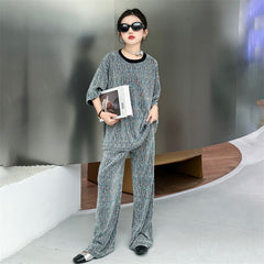 RM150424-32 طقم بناتي بلمع مزين بالبرق قطعتين ( بلوزة + بنطلون)