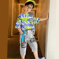 FU14042024-44 طقم ولادي صيفي ( بلوزة قطنية + بنطلون جينز + حزام وسط)