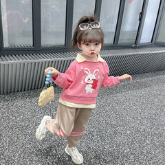 SSN040924-6 طقم بناتي قطعتين قطن خريفي ربيعي دافي ( بلوزة + بنطلون)