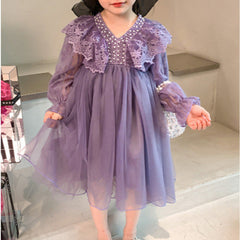 RM1231-06 فستان بناتي طبقات مزين باللولو والدانتيل