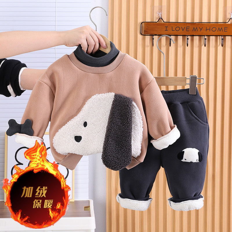 SSX220824-36 طقم ولادي شتوي تقيل مبطن فرو بالكامل قطعتين ( بلوزة + بنطلون)