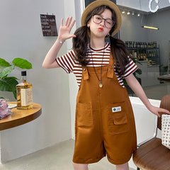 RM150424-15 طقم بناتي صيفي قطعتين ( بلوزة + افرهول)