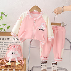 SSN040924-56 طقم بناتي ربيعي خريفي قطن تقيل 3 قطع ( جكيت + بنطلون + حقيبة)