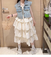 RM150424-25 فستان صيفي طبقات + فست جينز ناعم