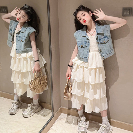 RM150424-25 فستان صيفي طبقات + فست جينز ناعم