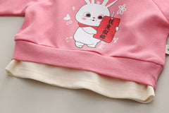 SSN040924-6 طقم بناتي قطعتين قطن خريفي ربيعي دافي ( بلوزة + بنطلون)