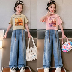 FU14042024-17 طقم بناتي قطعتين ( بلوزة + بنطلون جينز)