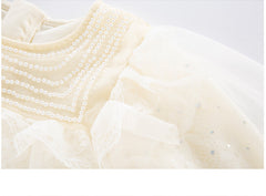 RM1231-04 فستان بناتي اوف وايت مزين باللؤلؤ و والدانتيل المطرز واللميع